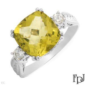 Ladies FPJ Brand Genuine Yellow Green Quartz and White Topaz Ring in 10K WG